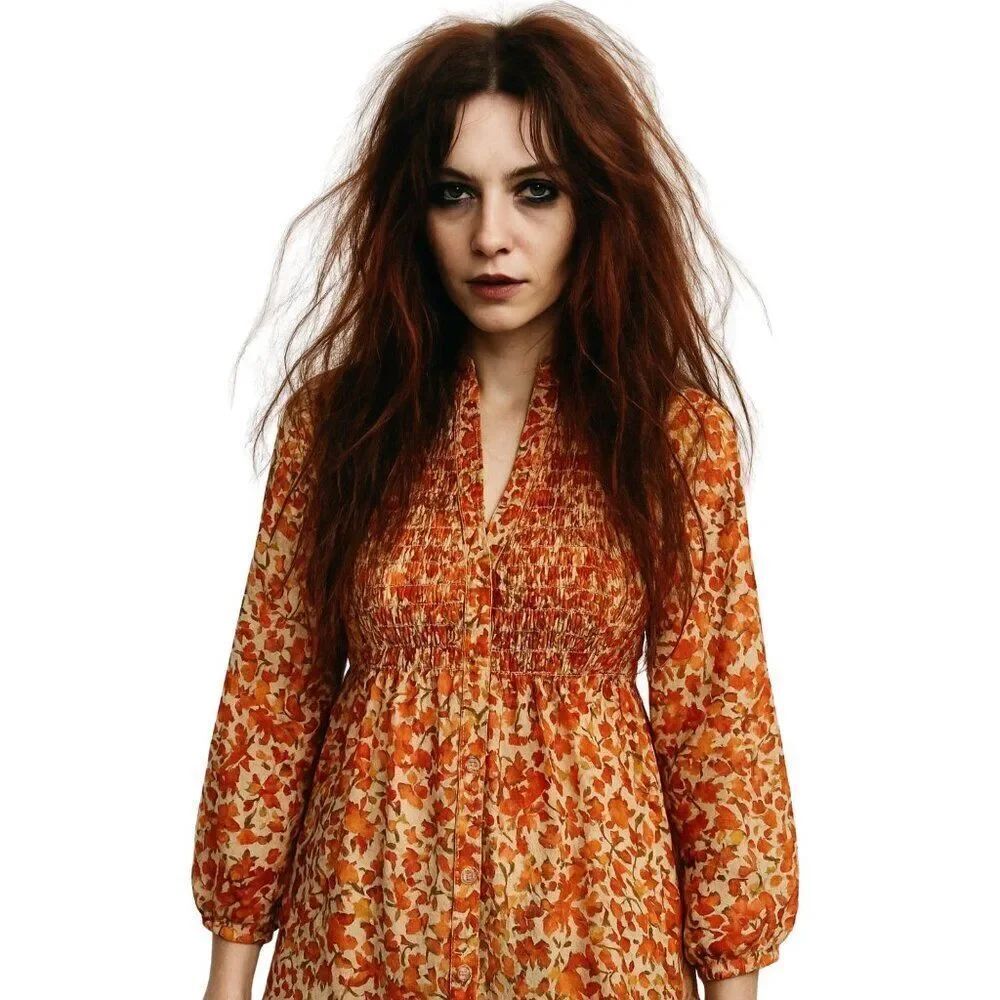 Like New Womens Autumnal Falling of the Leaves Balloon Sleeves Blouse Top